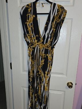 Fashion Nova Black, White & Gold Baroque Jumpsuit